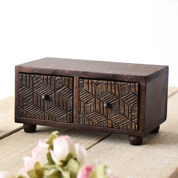 ミニチェスト 木製 卓上 小物入れ 引き出し 彫刻 脚付き 整理収納ボックス 小物収納ケース 玄関 机上 ナチュラル アジアン ストッパー付き 2ドロアーカービングミニチェスト [ras6990]