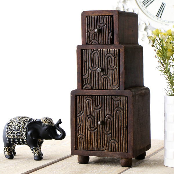 ミニチェスト 木製 卓上 3段 小物入れ 引き出し 彫刻 脚付き 整理収納ボックス 小物収納ケース 玄関 机上 ナチュラル アジアン ストッパー付き 3ドロアーカービングミニチェスト [ras7568]