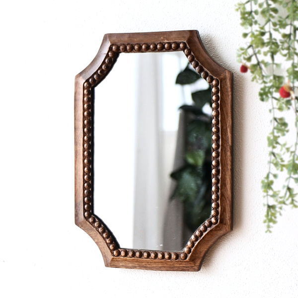 鏡 壁掛け 木製 ミラー 高さ30cm 彫刻 洗面 卓上ミラー 化粧 メイク ウォールミラー マンゴーウッド 無垢 おしゃれ 変形 アンティーク アジアン ウッドカービングミラー A [ras9787]