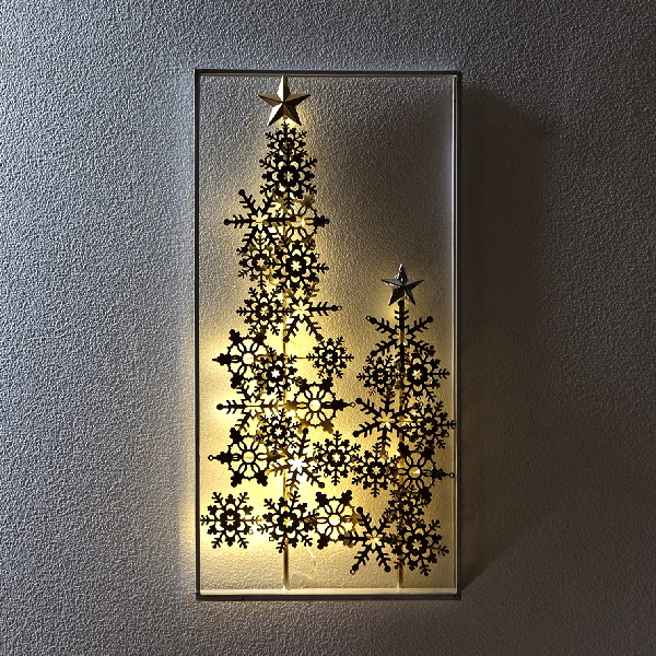 クリスマスツリー 壁掛け インテリア アートパネル 木 星 雪 デコレーション ウォールアート 白 ホワイト ゴールド LEDライト付き 立体 幅30cm 高さ60cm アイアンの壁飾り LEDスノーツリー [sik5185]