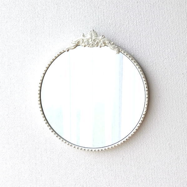 鏡 壁掛けミラー おしゃれ ウォールミラー かわいい ラウンドミラー アンティーク メタルのシャビーホワイトラウンドミラー Sik27 ギギliving