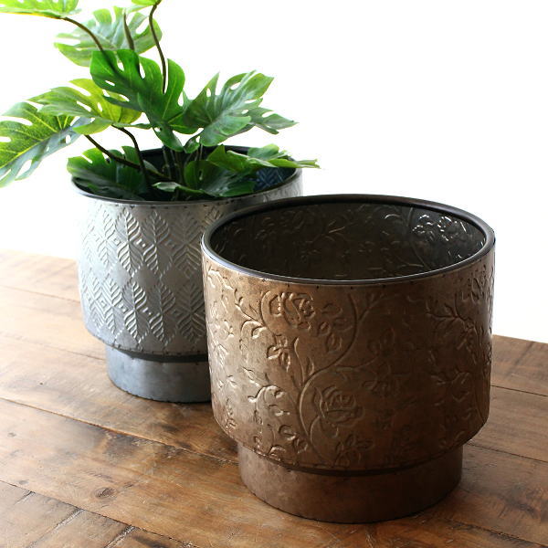 植木鉢 鉢カバー プランター アイアン 北欧 モダン アンティーク 7号 22cm 観葉植物 寄せ植え インナーポット付き 底穴あり 底上げ アイアンのリーフ ポット 2カラー [spc0131]