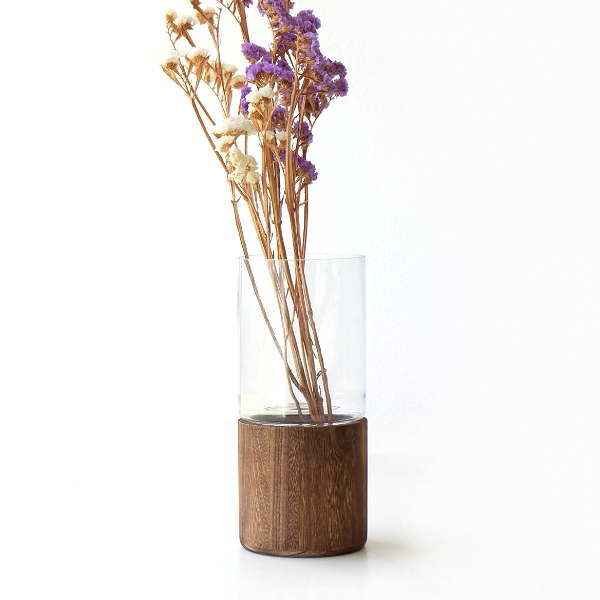 花瓶 フラワーベース ガラス 花器 おしゃれ シンプル アンティーク ガラスとウッドのフラワーベース シリンダー Spc1059 ギギliving