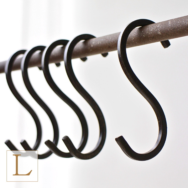 S字フック アイアン 10cm 5個セット Sカン マットブラック 黒 S型 レトロ 角型 丈夫 吊り下げ 収納 かばん掛け キッチン ガーデニング アウトドア アンティークなS字フック5本セット [spc2477]