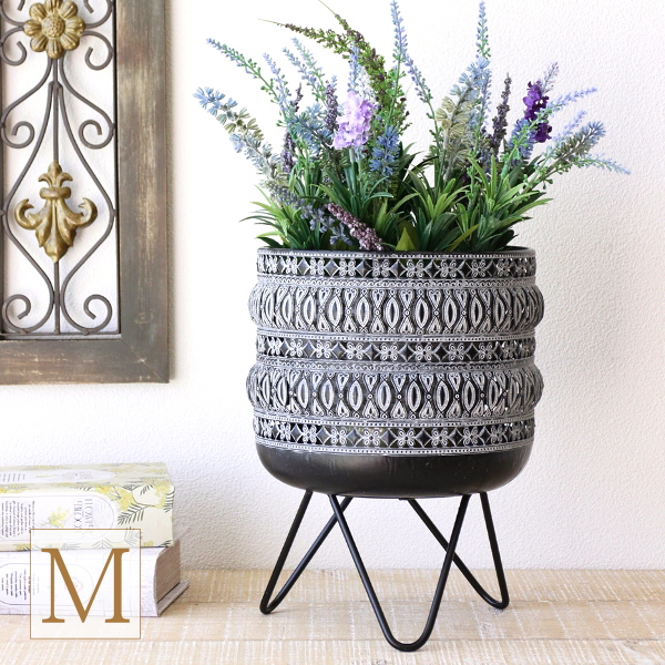 鉢カバー おしゃれ 7号 アイアン 観葉植物 植木鉢カバー かご 丸 脚付き 穴なし 軽量 グレー プランターカバー 鉢植えカバー メタルフラワー バスケットスタンド Mサイズ [spc3479]