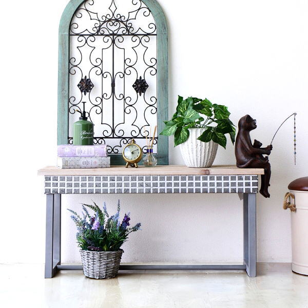 ローテーブル おしゃれ 木製 天然木 横長 タイル風 北欧 レトロ ナチュラル 玄関 花台 ディスプレイテーブル 幅95cm 奥行30cm 高さ45cm シャビーなメタルとウッドのテーブル Low 【送料無料】 [spc3588]