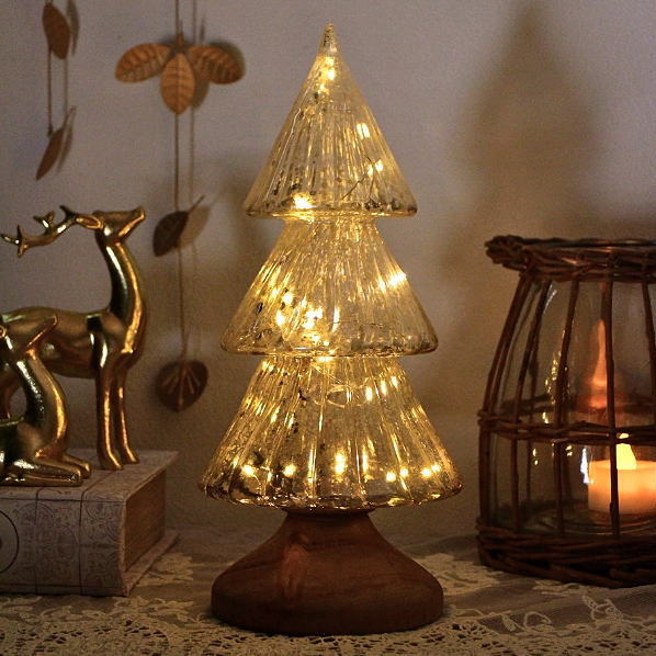 クリスマスツリー 卓上 置物 オブジェ LEDライト ガラス 木製 おしゃれ ワイヤーライト 電飾付き Xmas 置き物 インテリア 雑貨 ガラスとウッドのグランツリー L [spc6057]