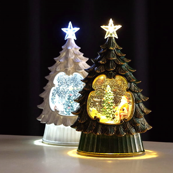 スノードーム クリスマス LEDライト キラキラ 光る ツリー サンタ 卓上 オブジェ 電池式 USBケーブル給電可 Xmas 置物 大人可愛い アンティーク LEDスノードーム もみの木 2カラー [spc7261]