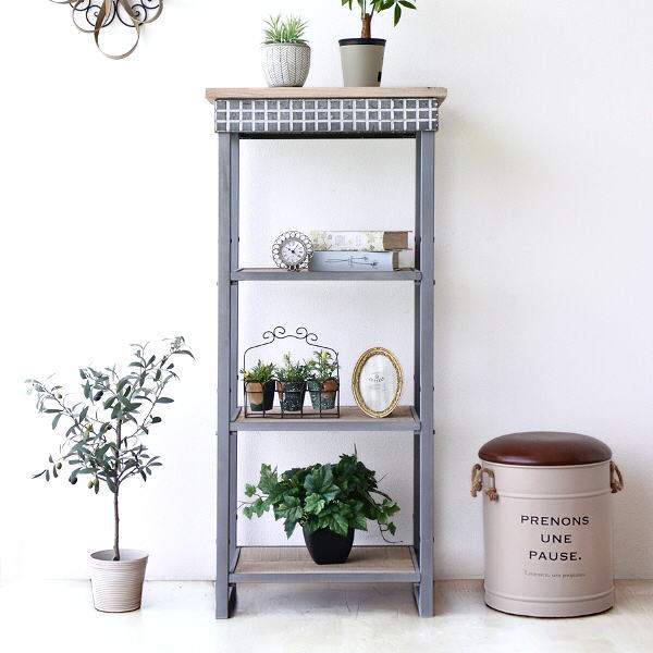 オープンシェルフ オープンラック 3段 タイル風 おしゃれ 収納棚 飾り棚 天然木 木製 アンティーク ナチュラル キッチン リビング 幅57cm 高さ124cm シャビーなメタルとウッドの3段シェルフ スリム 【送料無料】 [spc9655]