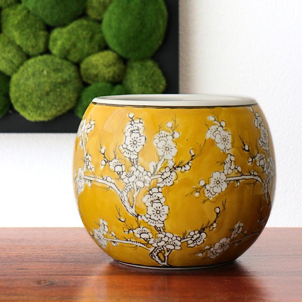 植木鉢 陶器 おしゃれ 和風 丸型 梅柄 鉢カバー 穴なし 水鉢 メダカ鉢
