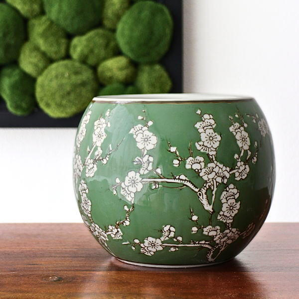 植木鉢 陶器 おしゃれ 和風 丸型 梅柄 鉢カバー 穴なし 水鉢 メダカ鉢 金魚鉢 ビオトープ 観葉植物 和モダン シノワズリ 手火鉢 陶器のミニ火鉢 緑梅 [swa3157]