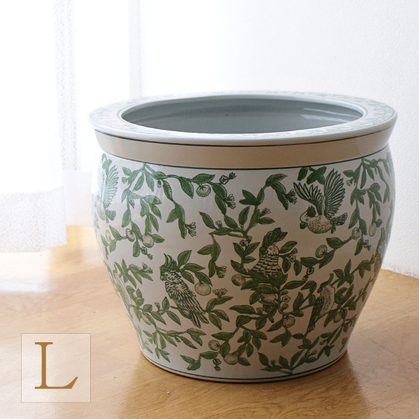 鉢カバー 陶器 おしゃれ 14号 10号鉢用 40cm 大型 穴なし シノワズリ 和風 モダン レトロ 玄関 室内 屋外 水鉢 睡蓮鉢 メダカ鉢 金魚鉢 花器 陶器の火鉢 緑花鳥 L 【送料無料】 [swa5742]