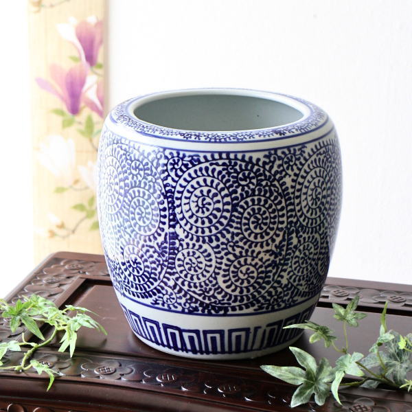 植木鉢 おしゃれ 陶器 火鉢 陶器鉢 メダカ鉢 金魚鉢 丸型 和風 観葉植物 鉢カバー プランターカバー 穴なし 水鉢 植木鉢カバー 睡蓮鉢 深め 陶器の染付 深火鉢 蛸唐草 [swa6958]