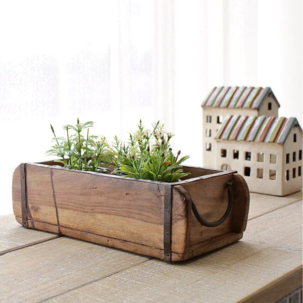 小物入れ 木製 アンティーク 卓上 収納ボックス ヴィンテージ レトロ リモコンラック ウッド 古木 木箱 コンテナ 鉄 取っ手付き 植木鉢カバー ブロカントなブリックモールドボックス S [tom0623]