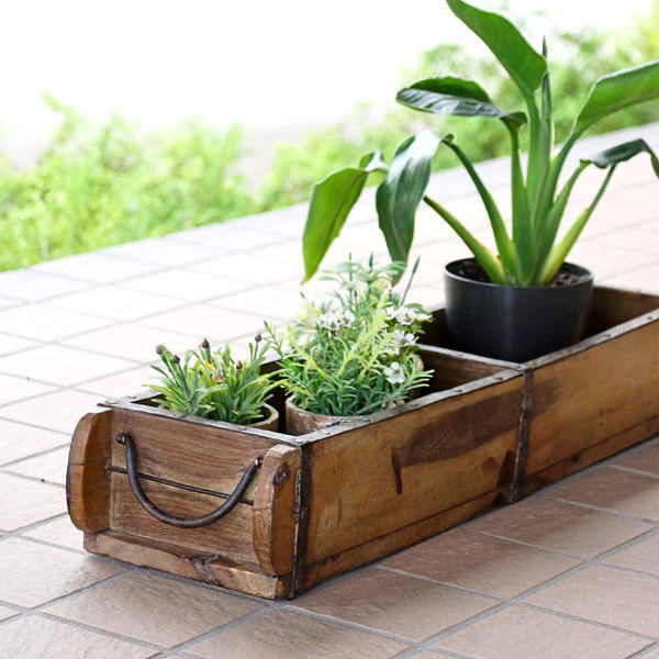 小物入れ 木製 アンティーク 卓上 収納ボックス ヴィンテージ レトロ リモコンラック ウッド 古木 木箱 コンテナ 鉄 取っ手付き 植木鉢カバー 仕切り ブロカントなブリックモールドボックス L [tom0624]