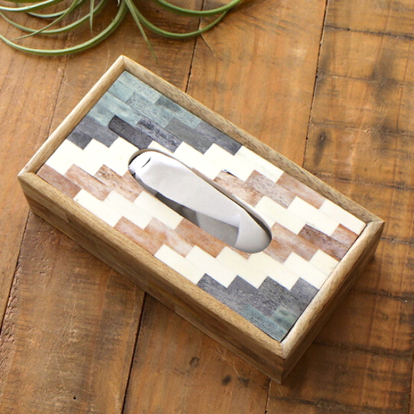 ティッシュケース 木製 おしゃれ ティッシュボックス インテリア ナチュラル モザイク柄 カラフル リビング 洗面所 ボーンとウッドの ティッシュケース [tom2356]