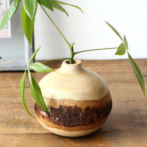 フラワーベース 花瓶 木製 オブジェ ナチュラル 丸型 ドライフラワー 造花 枝物 一輪挿し 花器 花挿し アジアン 和風 インテリア マンゴーウッドのフラワーベース [tom3260]