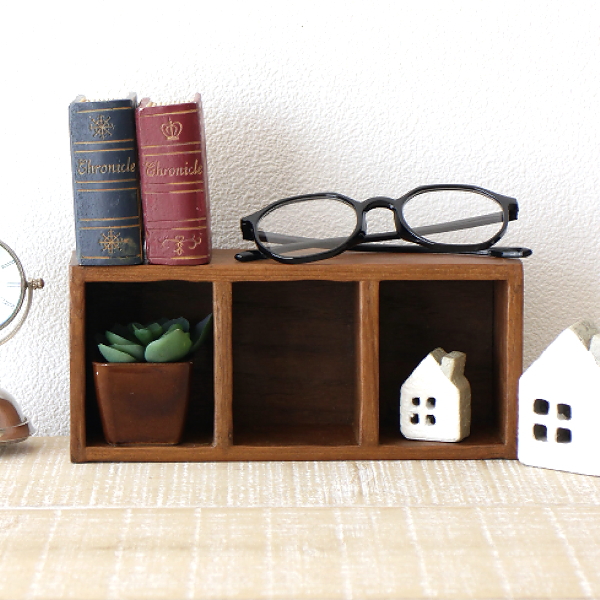 小物入れ 卓上 木製 チーク材 収納ボックス 小物収納ケース 小さい 仕切り 玄関 机上 整理ボックス ナチュラル ディスプレイ 天然木 無垢 縦横 チークウッドミニボックス3口 [tom4151]