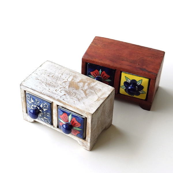 小物入れ 引き出し ミニチェスト 卓上 木製 陶器 アンティーク おしゃれ アクセサリーケース 整理 収納 小物ケース 小物収納 陶器の2引出しミニチェスト2カラー Tom4258 ギギliving