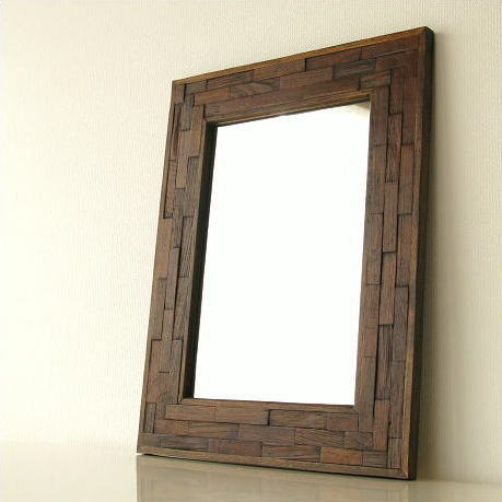 鏡 壁掛けミラー 木製 おしゃれ ウッド 天然木 玄関 ウォールミラー アジアン モダン ナチュラル デザイン 大きい 四角 スクエア 壁掛け組み木 ミラー Tom7537 ギギliving