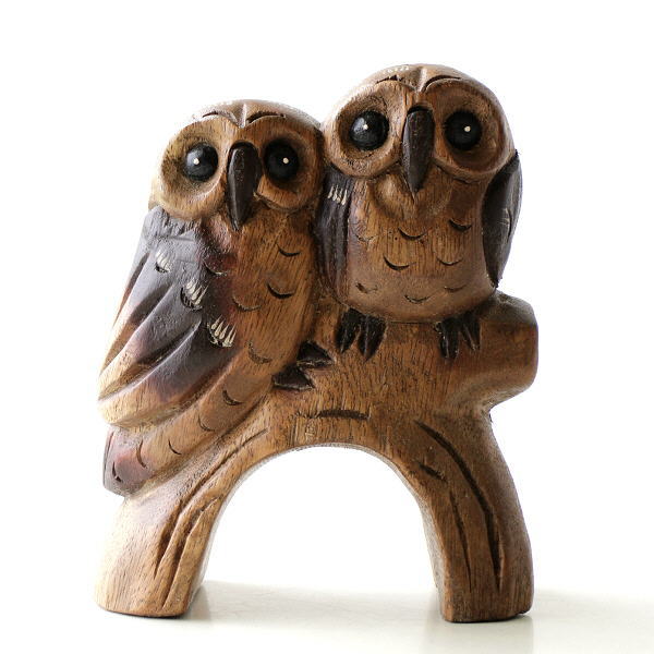 置物 オブジェ ふくろう 木彫り かわいい 可愛い 木製 天然木 木工 梟 インテリア 小物 雑貨 木彫りの置物 ペアフクロウ Tom7656 ギギliving