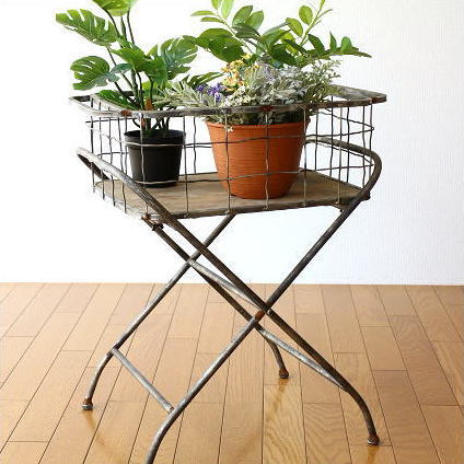 フラワースタンド アイアン 木製 おしゃれ フラワーラック かご 花台 シャビーなスタンドラック 【送料無料】 [toy5717]