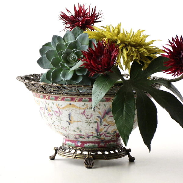 コンポート シノワズリ 置物 器 インテリア 雑貨 飾り 陶器 真鍮 オブジェ アンティーク 脚付き 皿 トレイ 卓上 ディスプレイ シノワズリなビッグコンポート 【送料無料】 [toy8042]