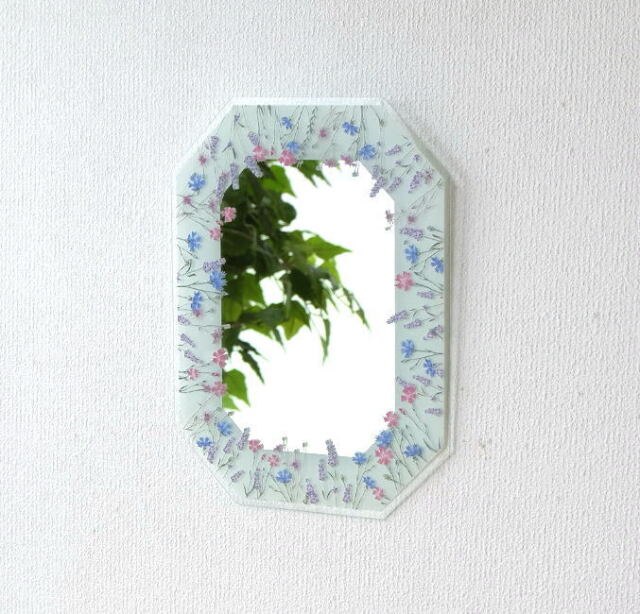 鏡 八角ミラー 壁掛け おしゃれ 壁掛けミラー ウォールミラー かわいい 八角形 大きい 幸運 八角ミラー L フィールドフラワーbl Uwr64 ギギliving