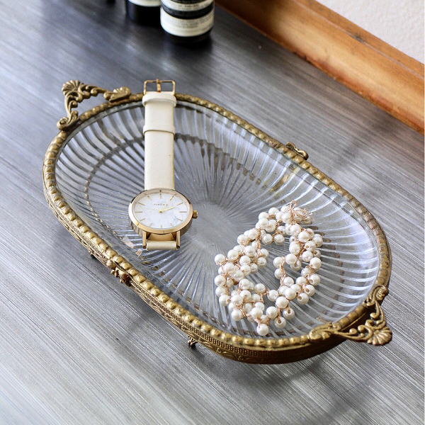 アクセサリートレイ ガラス 真鍮 アンティーク おしゃれ 脚付き ガラストレイ 小物トレー 腕時計 メガネ 小物置き 卓上 真鍮とガラスのハンドルトレー オーバル [vin5643]