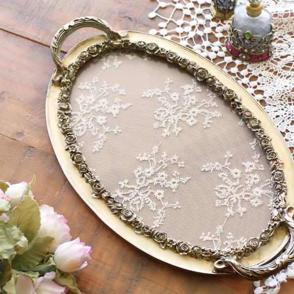 アクセサリートレイ アンティーク おしゃれ かわいい 可愛い インテリアトレイ 小物トレー 腕時計 メガネ キートレイ 小物置き 卓上 楕円 ローズ＆レースのアンティーク風トレイ [vin6207]