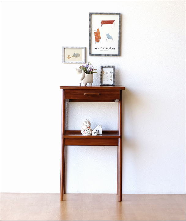 チーク 無垢材 コンソールテーブル スリム 木製 下棚付き アンティーク