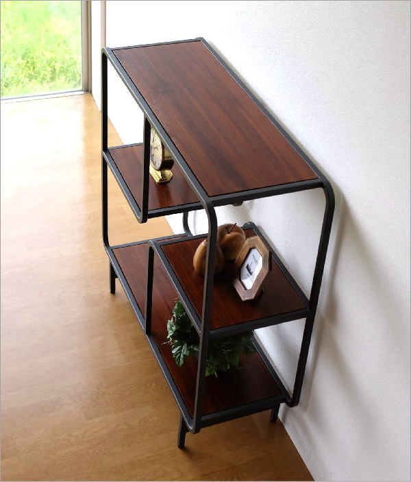 オープンラック チーク材 アイアン 本棚 リビング収納 天然木 無垢材