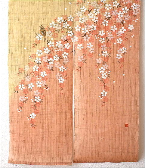 のれん おしゃれ 麻 和風 手染め麻のれん 桜に四十雀 [wlj5559] | ギギliving
