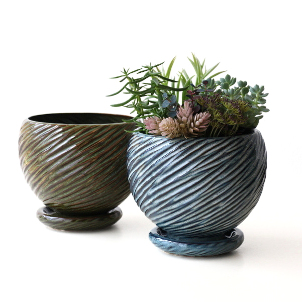 植木鉢 鉢カバー プランター セラミック 陶器 受け皿付き 斜めライン