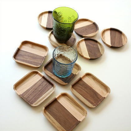 コースター 木製 寄木 オーク ウォールナット 天然木 無垢 丸 四角 10cm ナチュラルウッドコースター5枚セット 2タイプ [map1685]