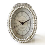 置き時計 置時計 おしゃれ アナログ かわいい オーバル型 小さめ アンティーク調 レトロ リビング 卓上 スタンドクロック テーブルクロック パールリボン [abk3037]