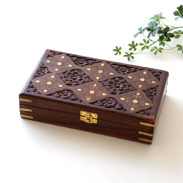 象嵌ボックス 小物入れ おしゃれ 木製 ウッド オブジェ 置物 シーシャムウッド 真鍮 ジュエリーケース シーシャムウッドと真鍮の彫入ボックス [mlk1148]