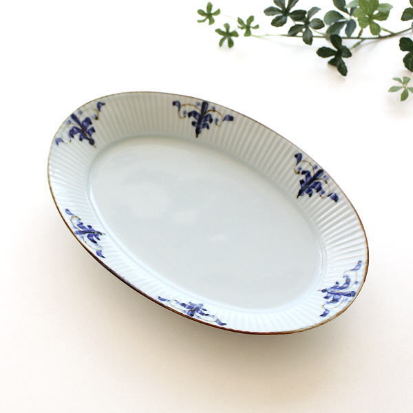お皿 プレート おしゃれ 陶器 磁器 楕円 皿 オーバル皿 かわいい シンプル 和食器 日本製 有田焼 リーブス しのぎ オーバル鉢 [msg3259]
