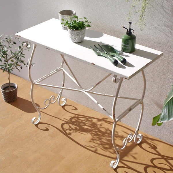 ガーデンテーブル 作業台 アンティーク 白 ホワイト 花台 ハイスタンド 作業テーブル 横長 長方形 什器 ディスプレイスタンド シャビーなアイアンのワークテーブル WHITE 【送料無料】 [mty1675]