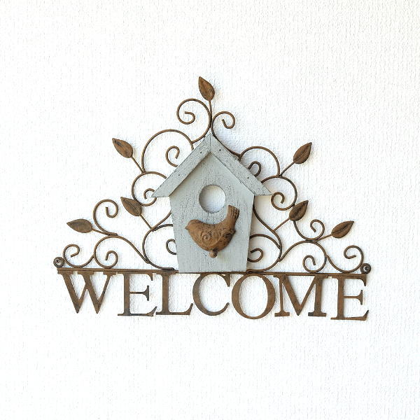 ウェルカムボード 壁掛け おしゃれ 小鳥 吊り下げ 置物 玄関 ガーデン アンティーク Welcome かわいい ウェルカムウッドバードハウス [mty5144]