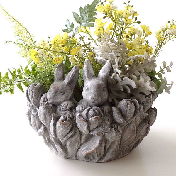 プランターポット うさぎ チューリップ プランター おしゃれ かわいい フラワーポット レトロ ペアラビットのフラワーセメントプランター L [mty9533]