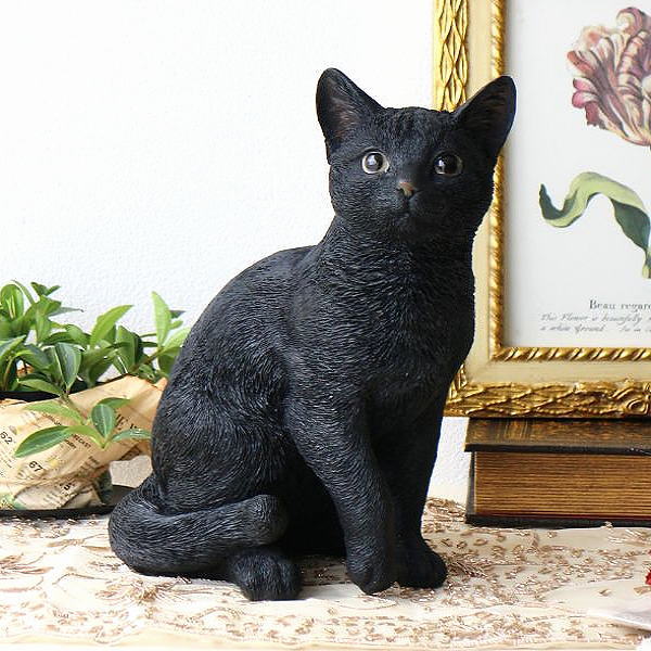 黒猫 猫の置物 オブジェ リアル ネコ オーナメント インテリア雑貨 ブラック 座る姿 ガーデン 庭 玄関 リビング 黒ねこのオブジェ [nrv4015]