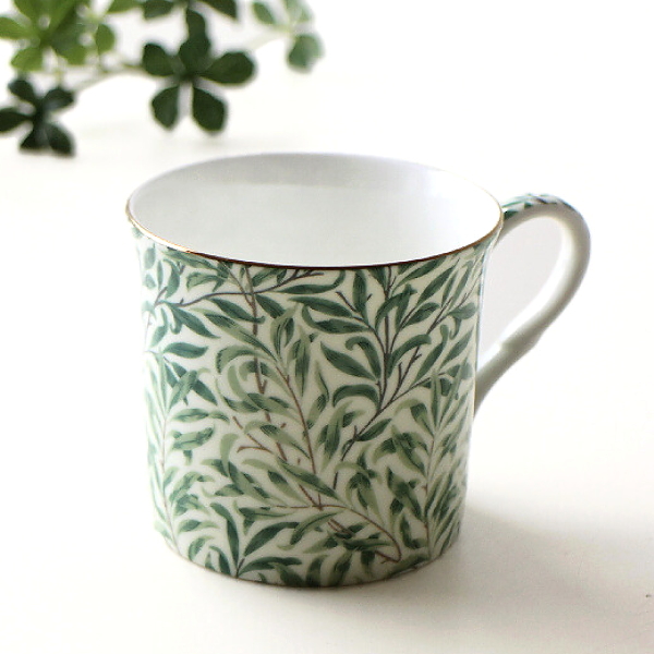 マグカップ ボーンチャイナ 白磁 柳柄 ボタニカル 花柄 ゴールドライン コーヒーカップ 磁器 300ml 薄い飲み口 軽量 おしゃれ エレガントなマグカップ B [pic1917]