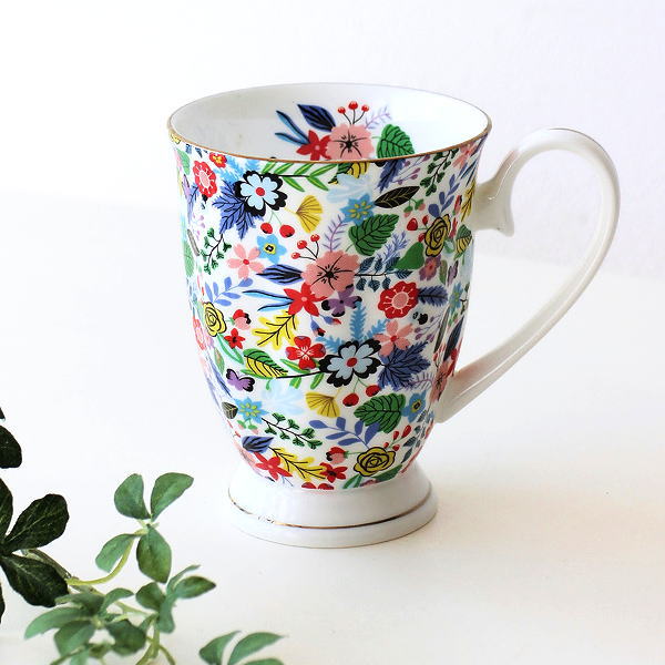 マグカップ ボーンチャイナ 花柄 かわいい ビタミンカラー 白磁 おしゃれ 軽い 薄い飲み口 コーヒーカップ 電子レンジ対応 食洗機対応 300ml フラワーマグカップ [pic2583]