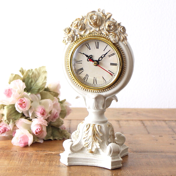 置き時計 アンティーク ロココ調 ヨーロピアン 小型 小さい ローマ数字 アイボリーホワイト ゴールド装飾 エレガント バラ レリーフ おしゃれ フレンチローズのスタンドクロック [pic6459]