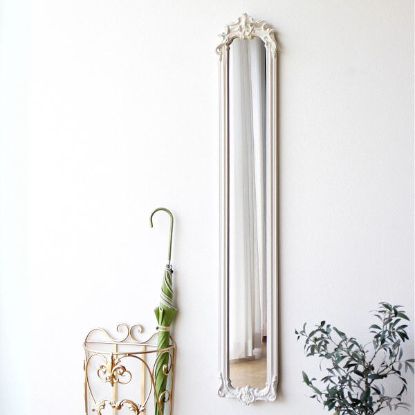 鏡 壁掛けミラー ウォールミラー おしゃれ 姿見 壁掛け ロングミラー シンプル スリムな壁掛けロングミラー アンティークWH 【送料無料】 [pic8560]