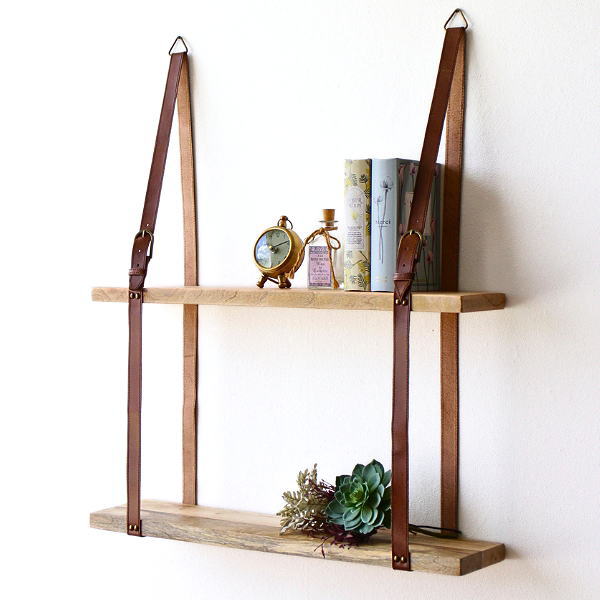 ウォールシェルフ 2段 壁掛け棚 幅70cm以上 大きめ 木製 本革 ナチュラル 薄型 飾り棚 壁掛けラック 壁面 ディスプレイ 木とレザーの壁掛けシェルフ 【送料無料】[ras1774]