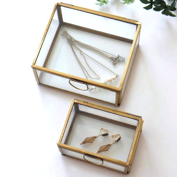 小物入れ ふた付き ガラスボックス アクセサリーケース ボックス おしゃれ 大小2個セット スクエア ガラス ブラス スクエアボックス 2個セット [ras2216]