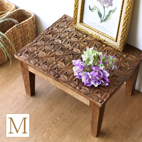 花台 木製 おしゃれ 室内 天然木 無垢材 ミニテーブル ベッド ソファ サイドテーブル 長方形 アジアン 花置き台 荷物置き 彫刻 飾り台カービングミニテーブル M [ras2567]