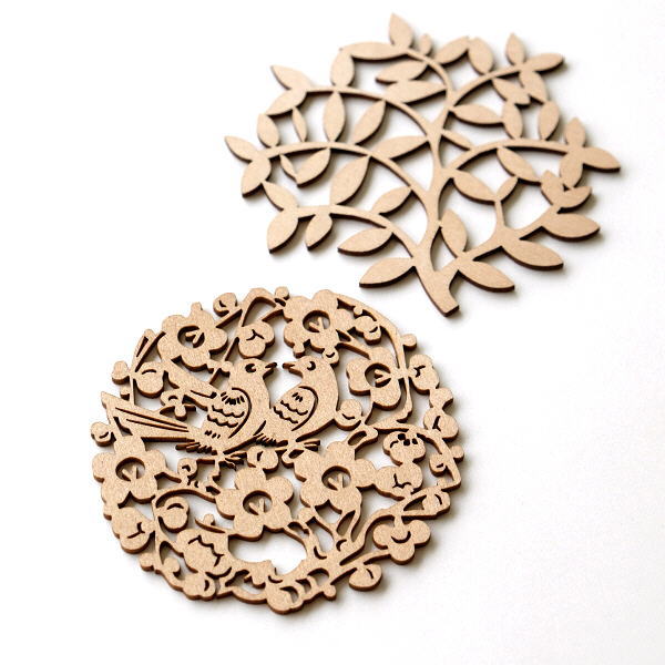 コースター 木製 ウッド モダン ナチュラル 北欧 花瓶敷き 鍋敷き 軽い 軽量 薄い リトアニア レーザー加工 ツリー 鳥 12×11.5cm / 10×10cm woodコースター2タイプ [ras3506]